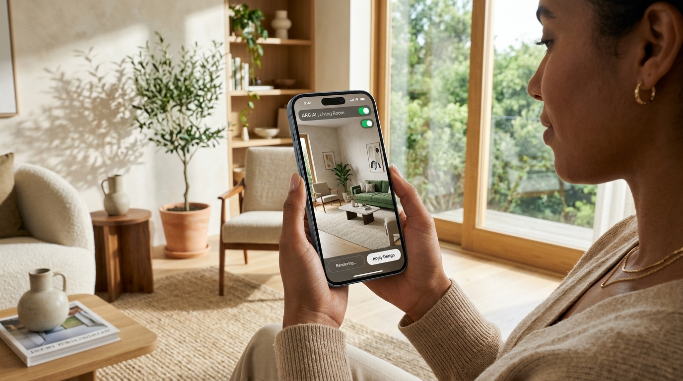 Smartphone displaying interior design app interface with artificial intelligence