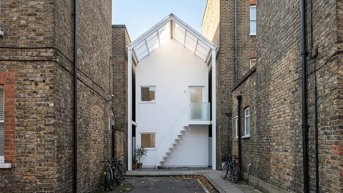 White facade of the world's narrowest house wedged between two brick urban buildings