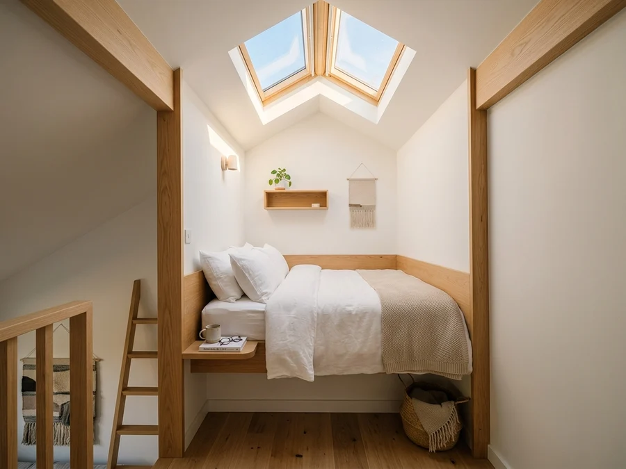Cozy upper mezzanine bedroom in narrowest house with bed neatly fitted between walls and skylight