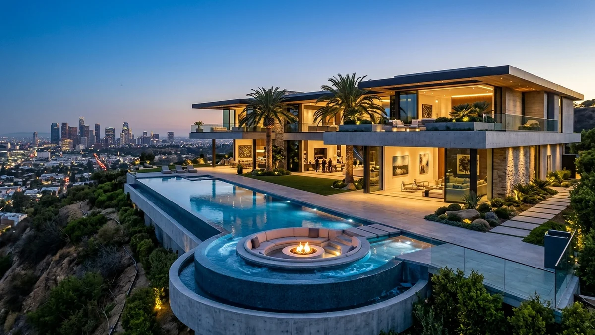 Mega mansão de luxo de meio bilhão de dólares no topo de uma colina com piscina infinita e vista para a cidade