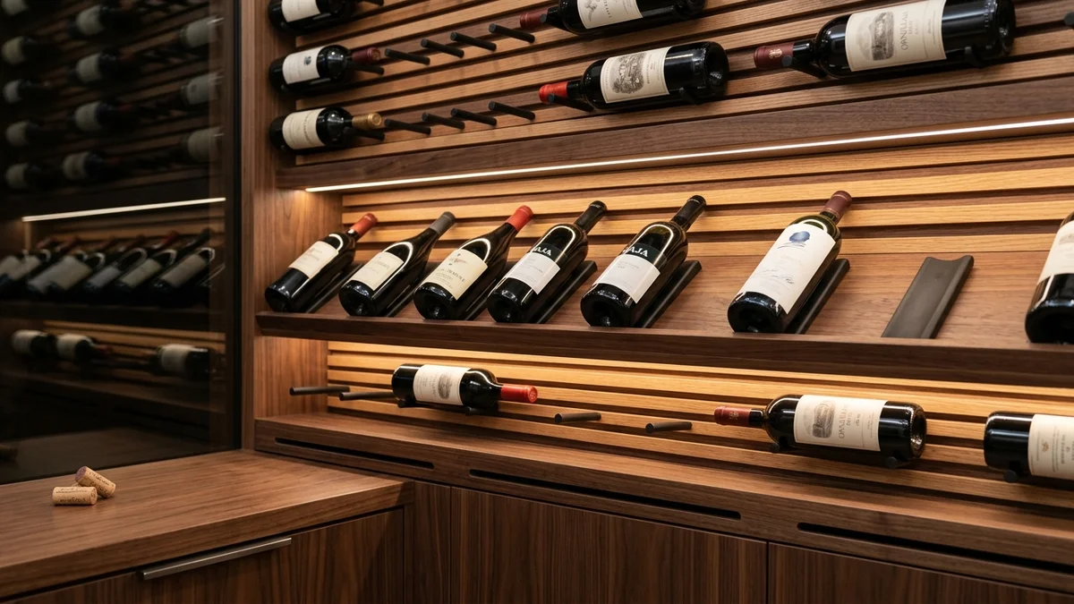 Detail of custom hardwood wine racking with integrated warm LED illumination