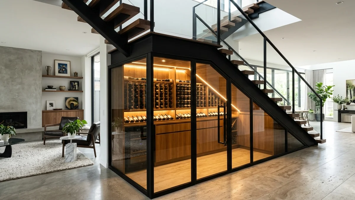 Modern under-stairs glass wine cellar with black steel framing and warm LED lighting