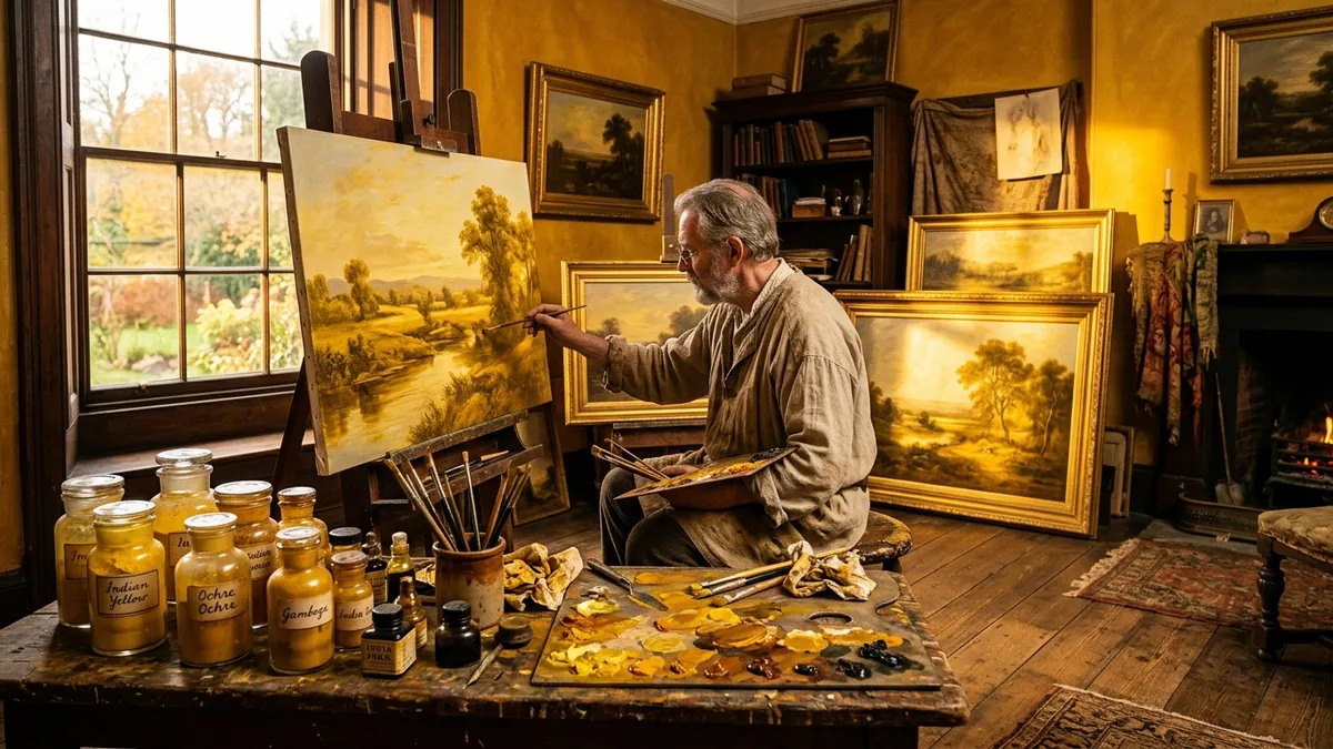 Estúdio vitoriano banhado na luz dourada característica do Amarelo Indiano, com potes de pigmento e telas pintadas