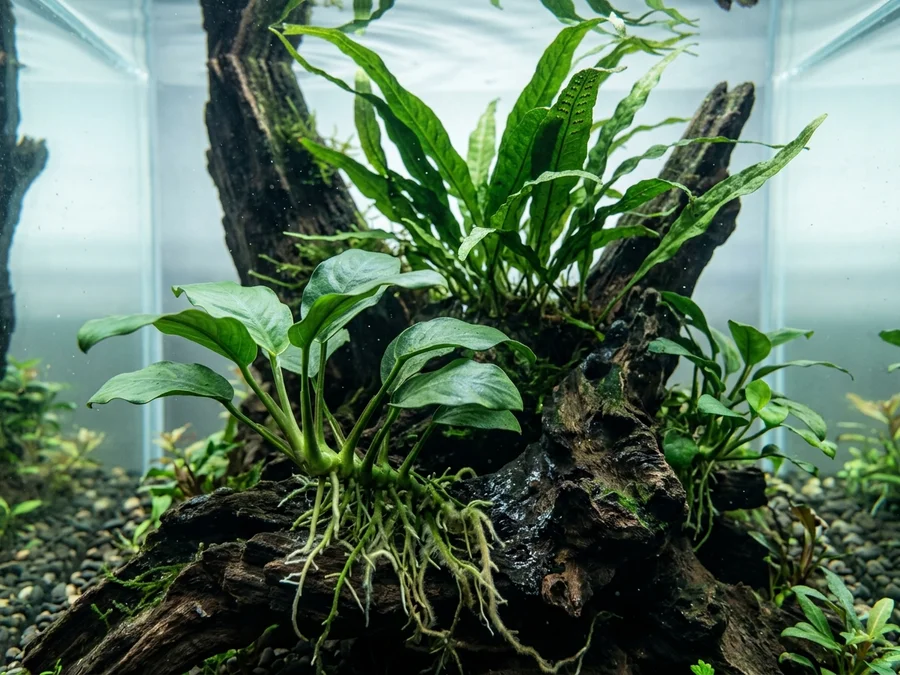 Anubias and Java Fern attached to aquatic driftwood inside a clear aquarium