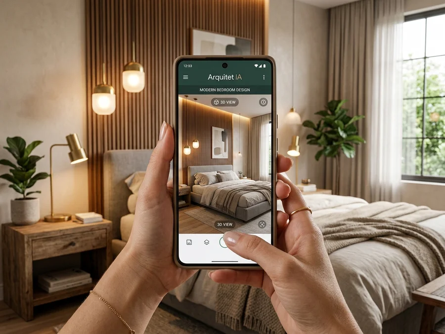 Pessoa utilizando o aplicativo Arquitet IA no celular para simular a decoração de um quarto de casal em 3D