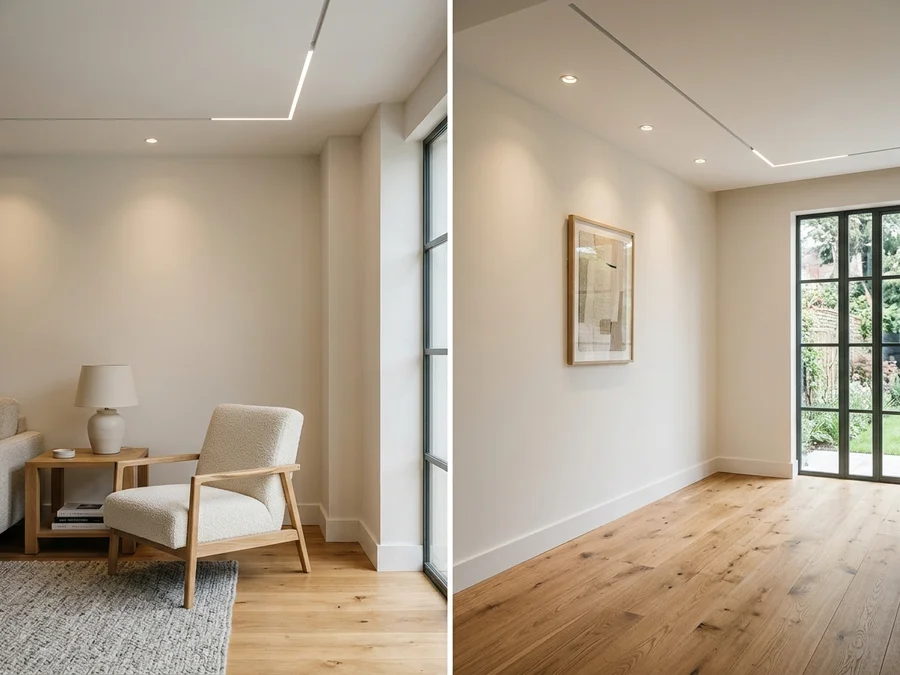 Sala de estar reformada com piso de madeira de carvalho claro, paredes claras e spots de iluminação embutida