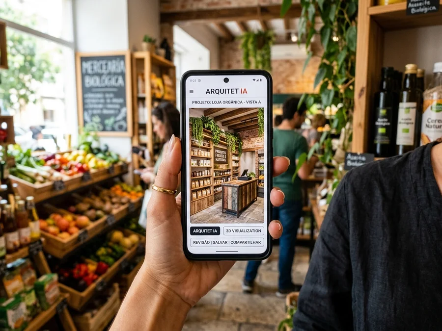 Smartphone displaying the Arquitet IA app rendering 3D commercial natural product shop interior