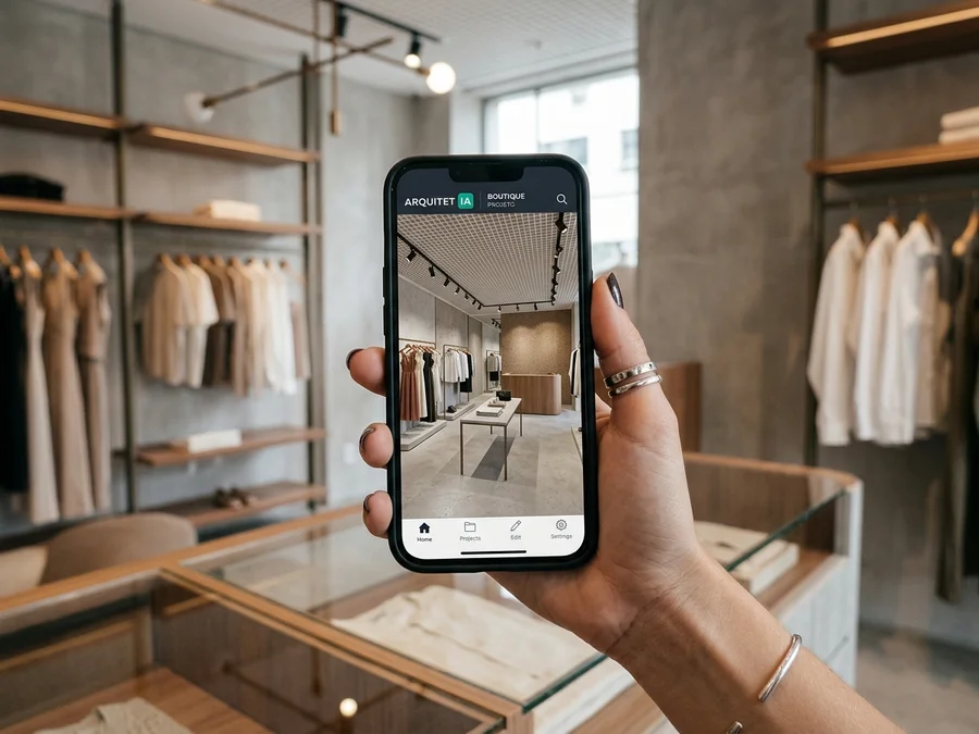 Smartphone exibindo a tela do aplicativo Arquitet IA simulando um projeto de loja comercial em 3D
