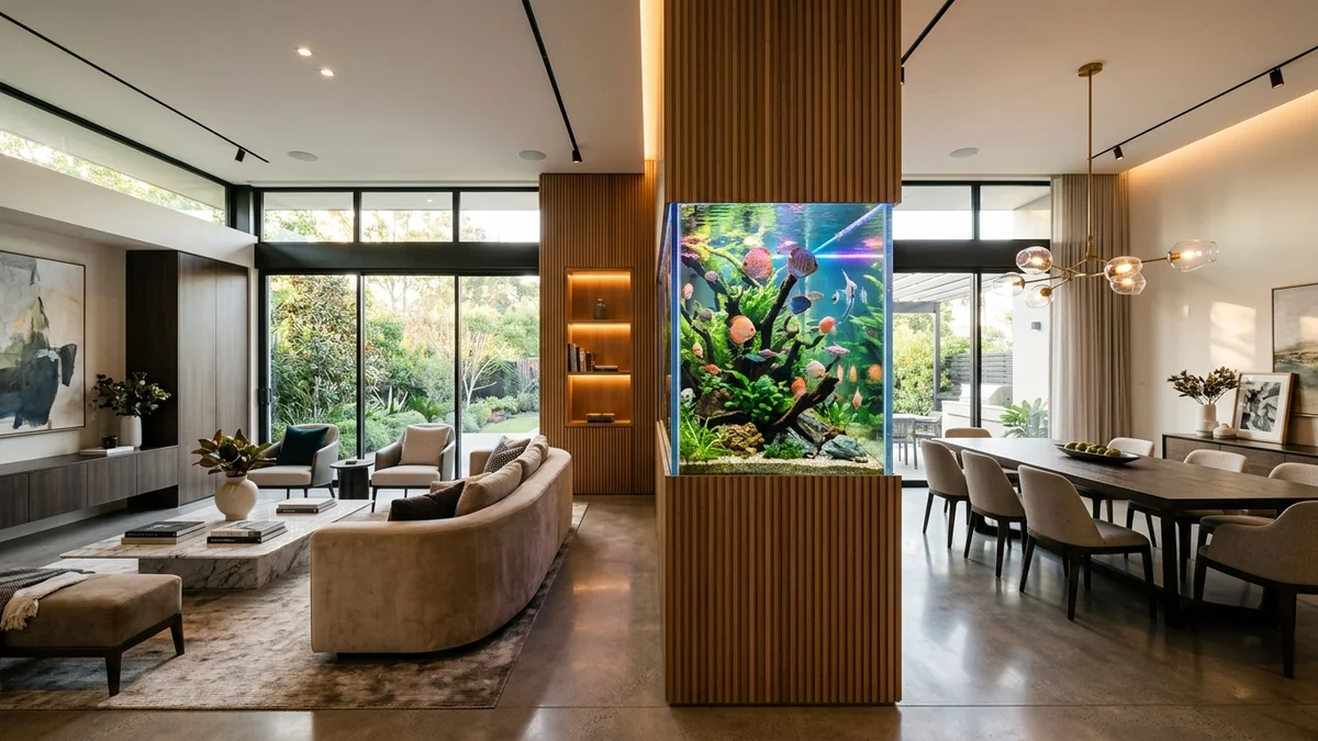 Double-sided wall embedded aquarium acting as a luxury divider between living and dining rooms