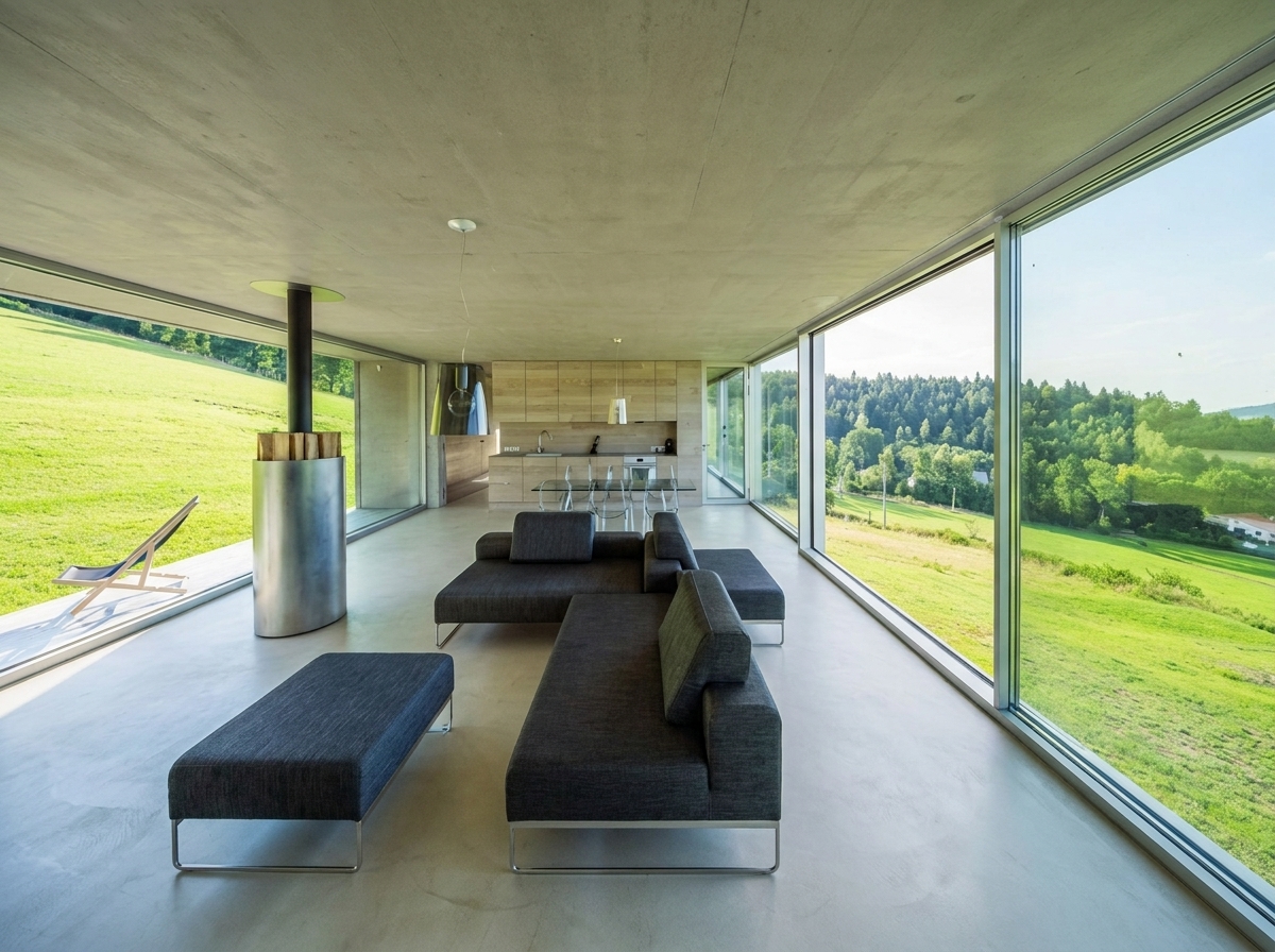 Sala de estar moderna e minimalista da Arca de Konieczny com piso de cimento queimado, lareira metalica e janelao com vista para os vales