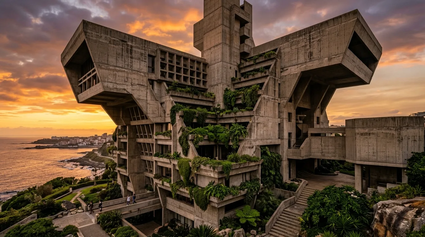 Imposing Brutalist architecture building featuring raw exposed concrete