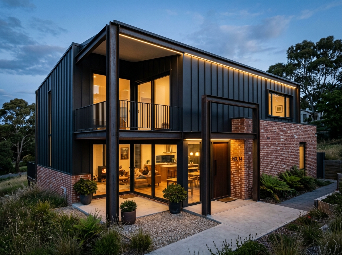 Fachada de casa moderna em estilo industrial com estrutura metálica e tijolo bruto