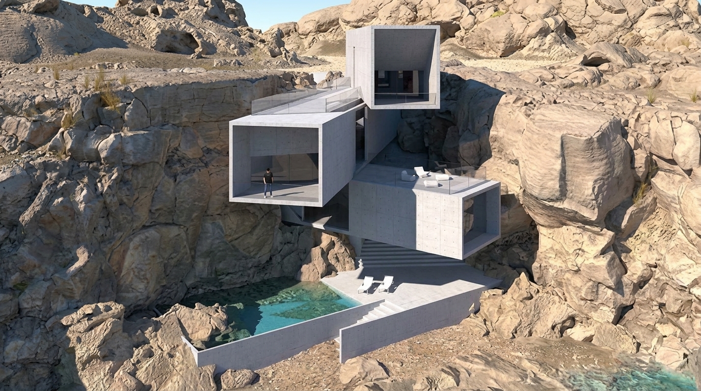 Casa conceitual minimalista integrada em formação rochosa no deserto