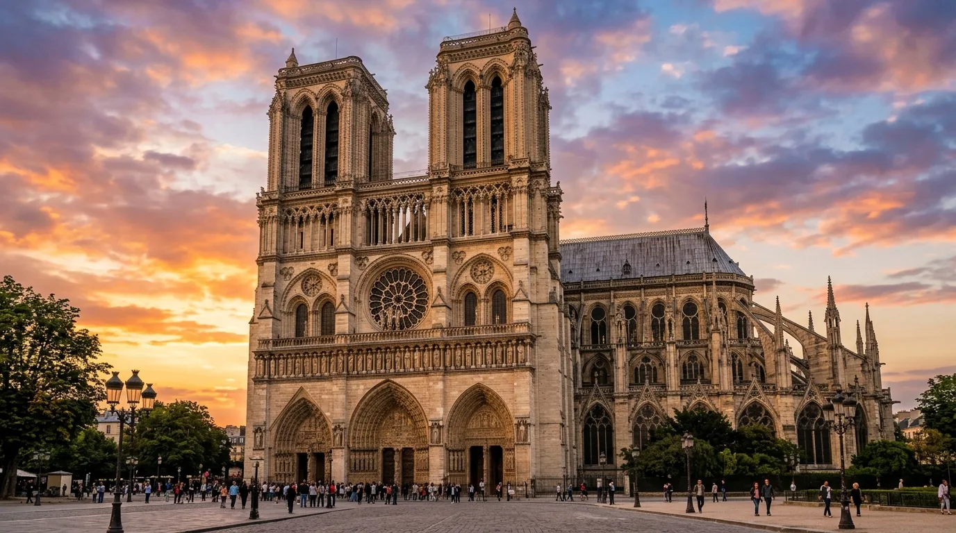 Majestic Gothic cathedral facade with pointed arches and rose window