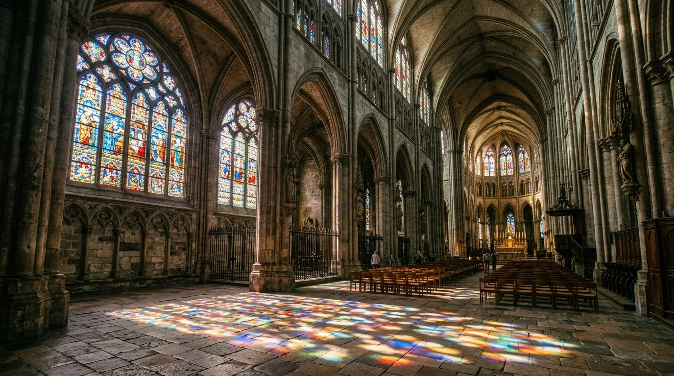 Cathedral interior with sunlight streaming through stained glass windows