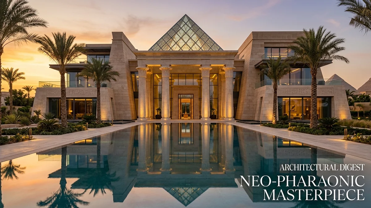 Imposing facade of a modern Neo-Pharaonic mansion with limestone columns and reflecting pool