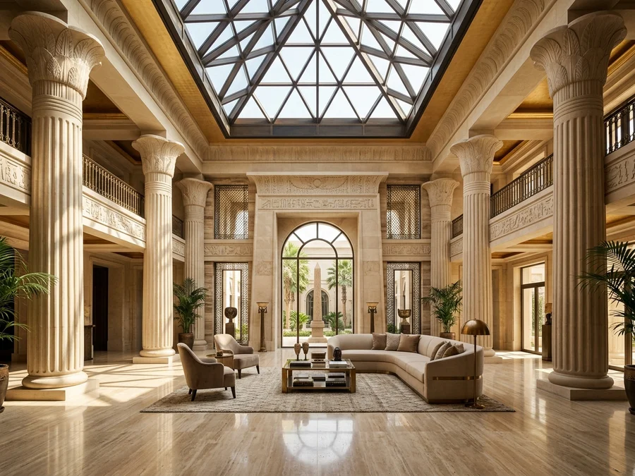 Grand hall in a Neo-Pharaonic mansion with stone columns and glass pyramid skylight