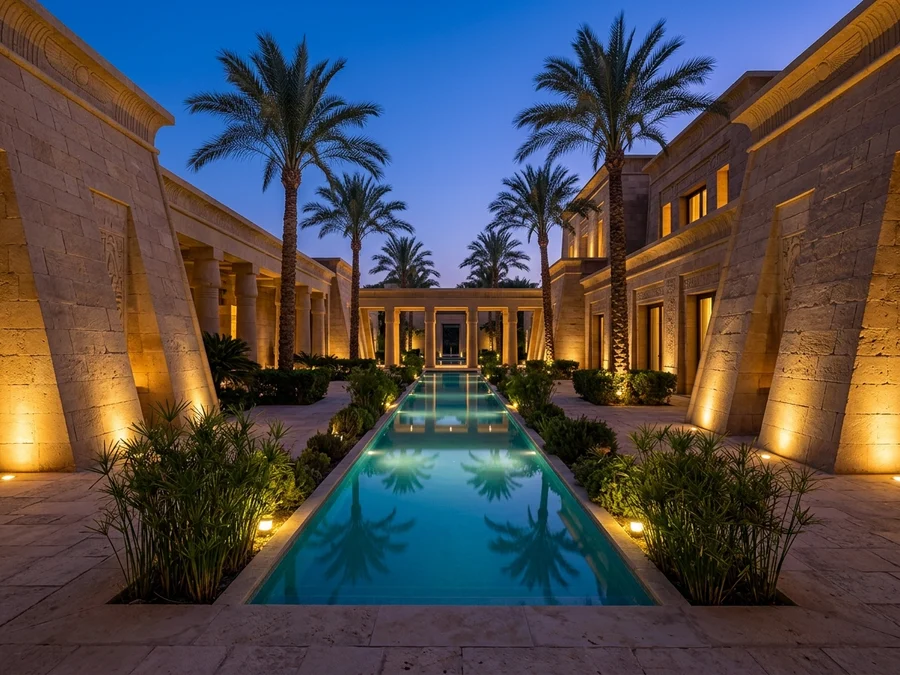 Outdoor courtyard of a Neo-Pharaonic villa with turquoise reflecting pool, palms, and warm lighting