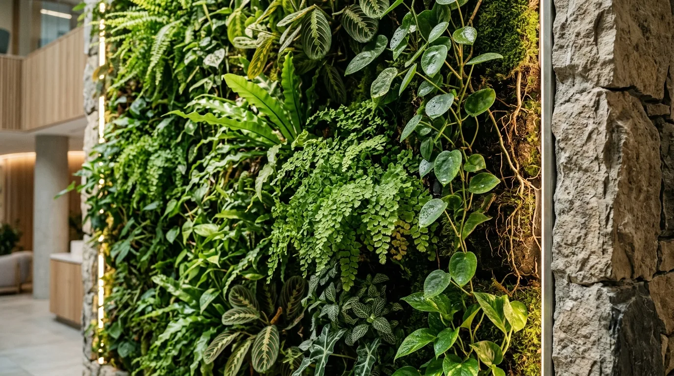 Detalhe de parede com jardim vertical interno iluminado por fitas LED ocultas em pedra bruta