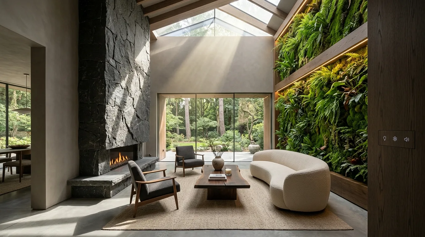 Sala de estar moderna com jardim vertical automatizado e iluminação circadiana embutida