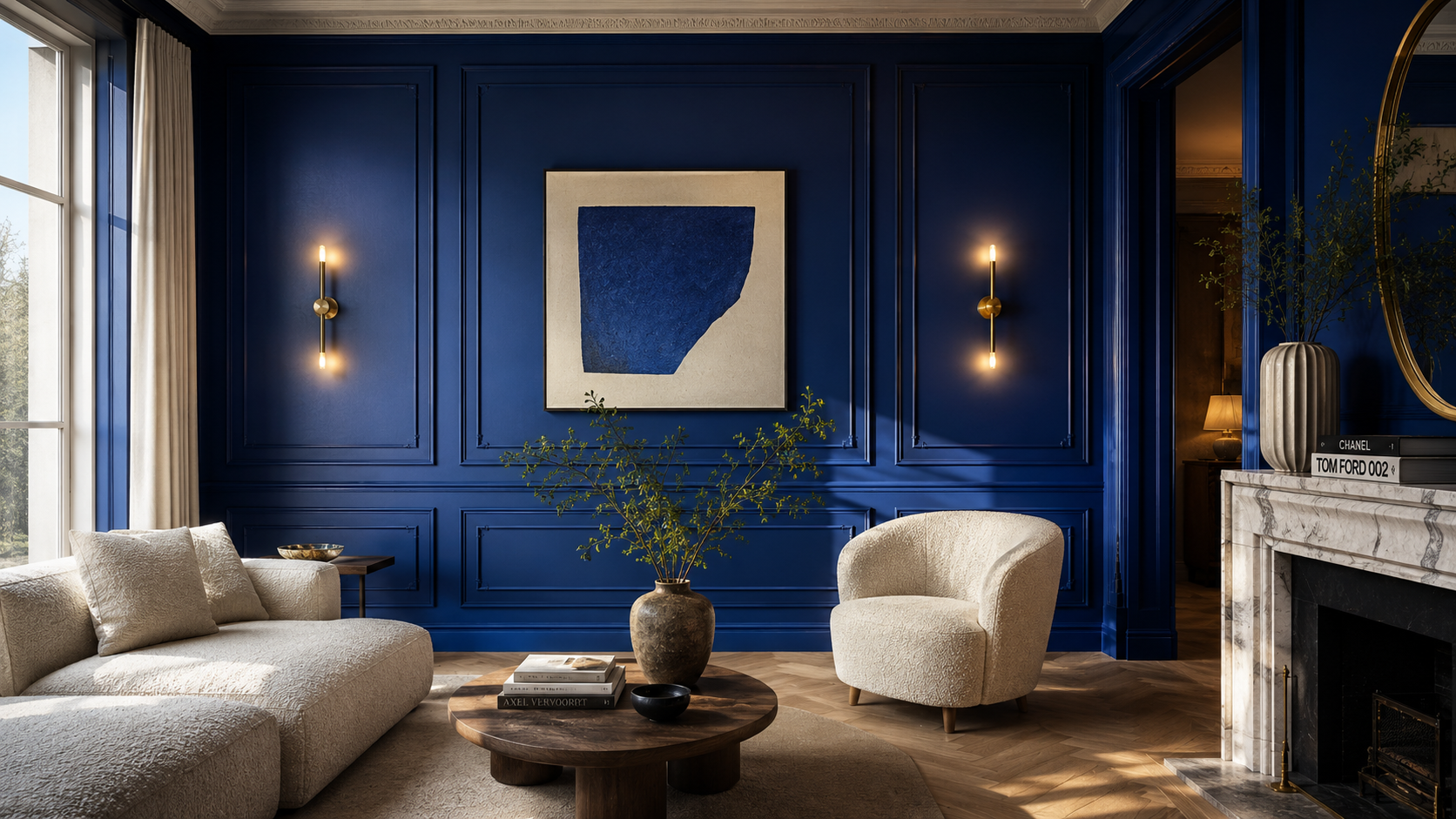 Application of Ultramarine Blue shade in modern interior design with feature wall and warm lighting