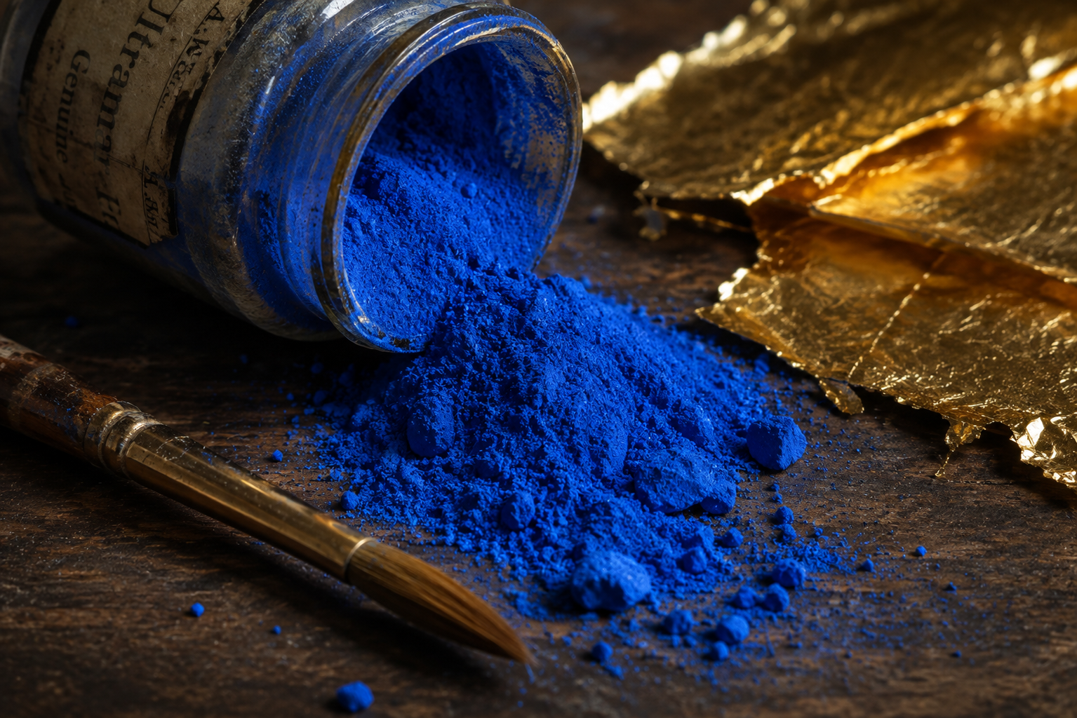 Pó de pigmento azul ultramar puro extraído de lápis-lazúli ao lado de lâminas de ouro e pincel de artista renascentista