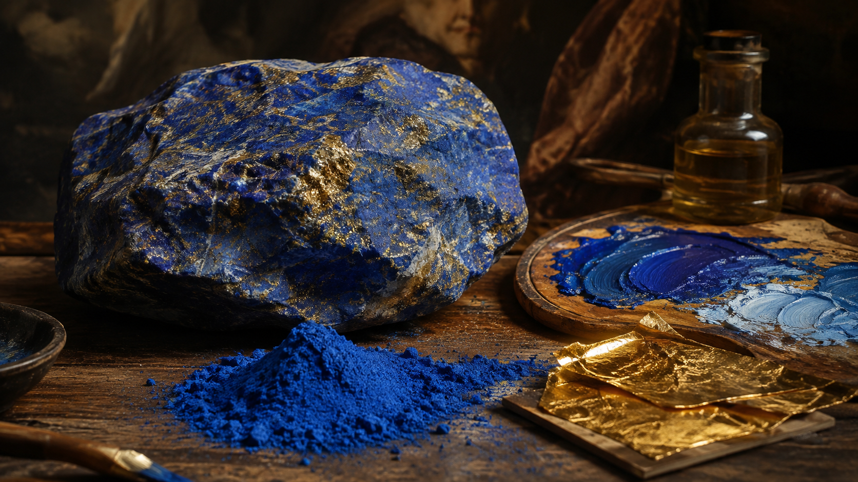 Natural ultramarine blue pigment extracted from lapis lazuli stone
