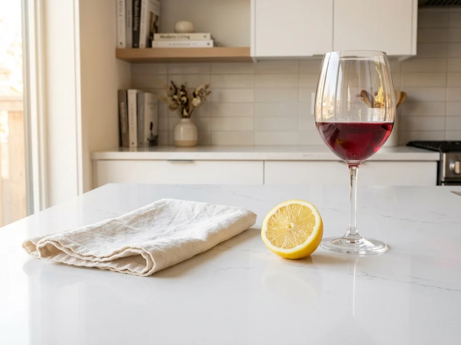 Bancada de quartzo branco polido com taça de vinho tinto e fatia de limão sem manchar a superfície