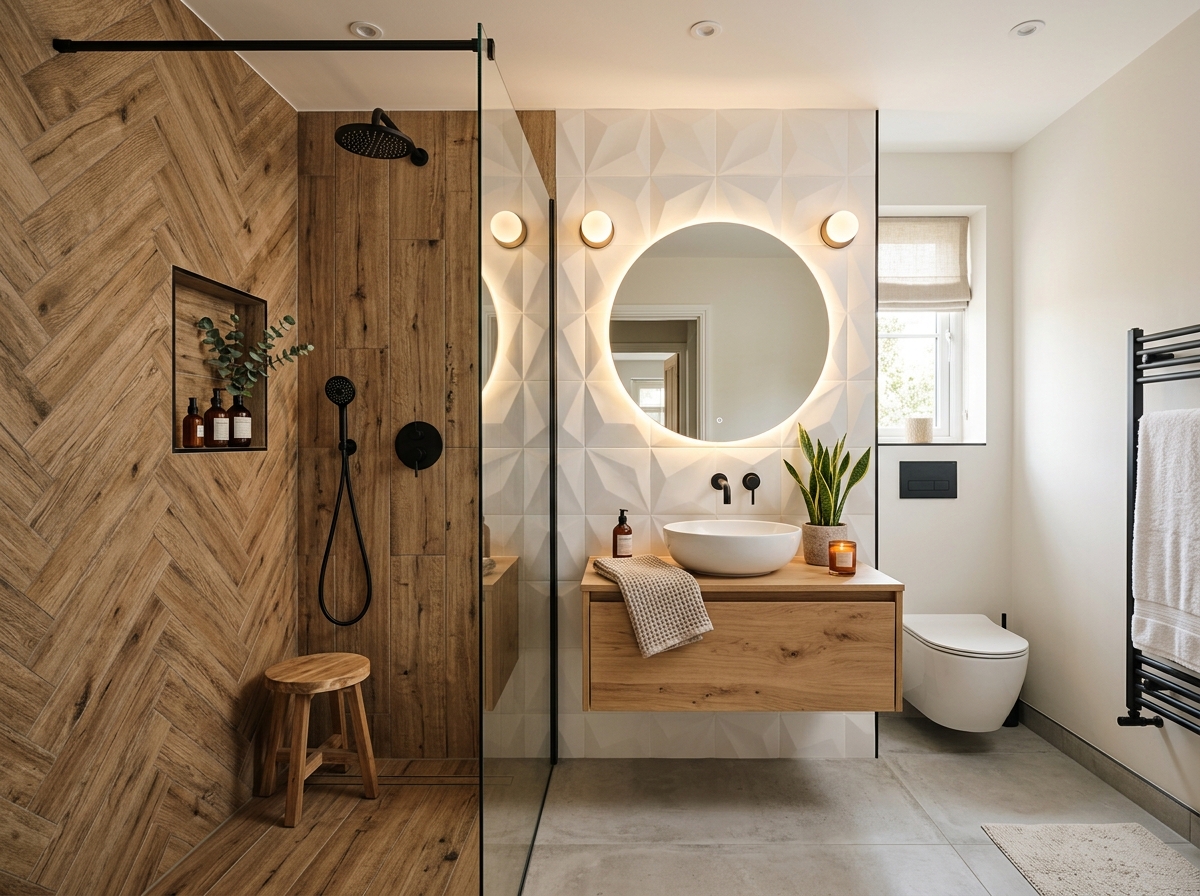 Baño pequeño decorado con porcelanato amaderado en ducha y pared 3D blanca