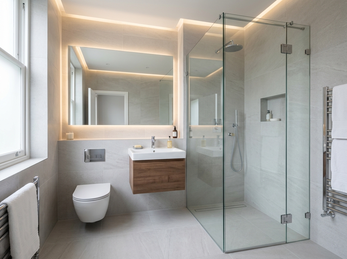 Baño pequeño con porcelanato gris claro continuo desde el suelo a las paredes
