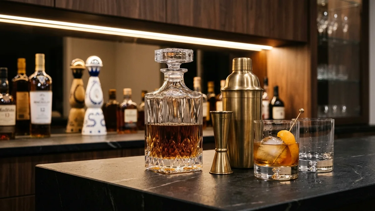 Detalle de copas de cristal, botellas en bandeja de cuero e iluminación cálida