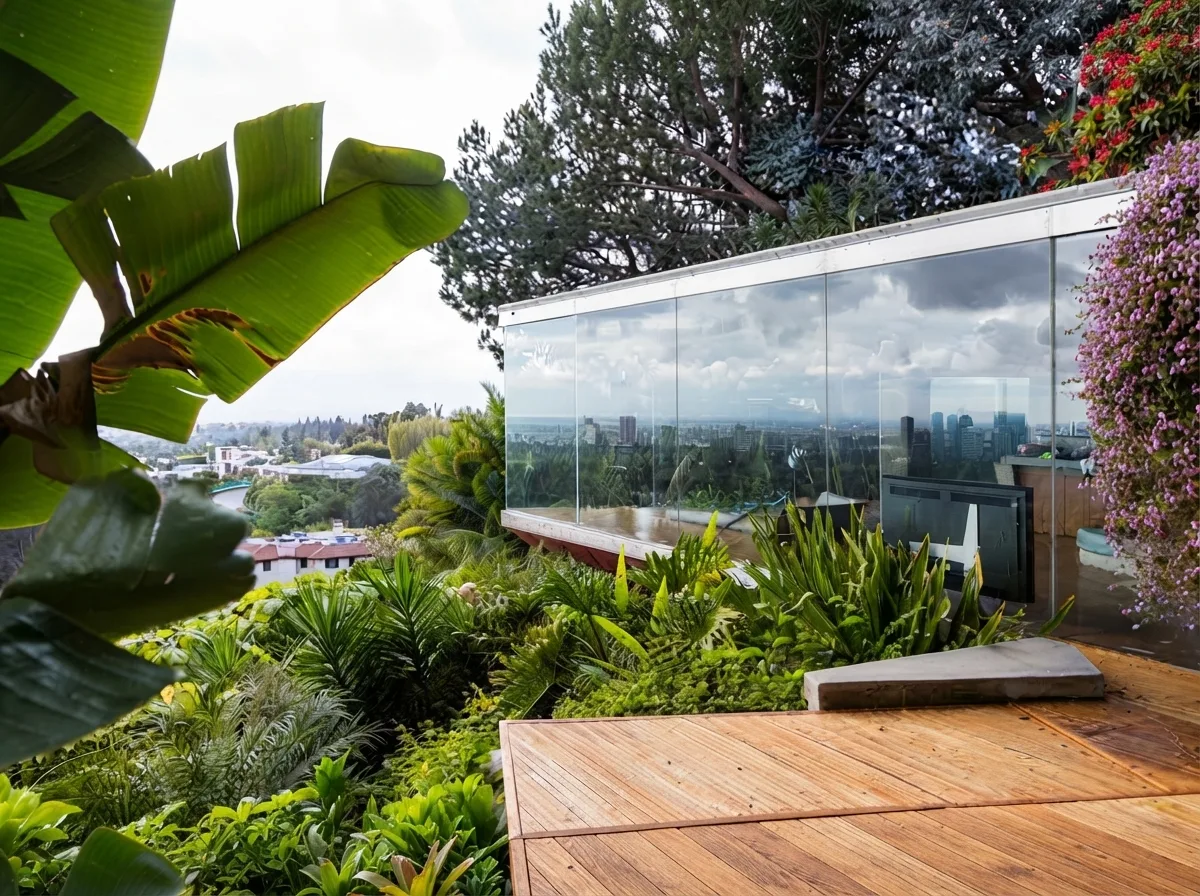 Triangular cantilevered swimming pool at the Sheats-Goldstein Residence overlooking the Los Angeles skyline