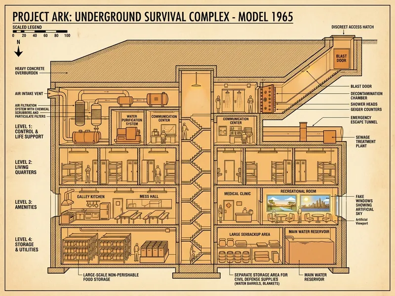 Corte transversal de bunker residencial da Guerra Fria mostrando múltiplos andares com sala, quarto, cozinha e área de lazer