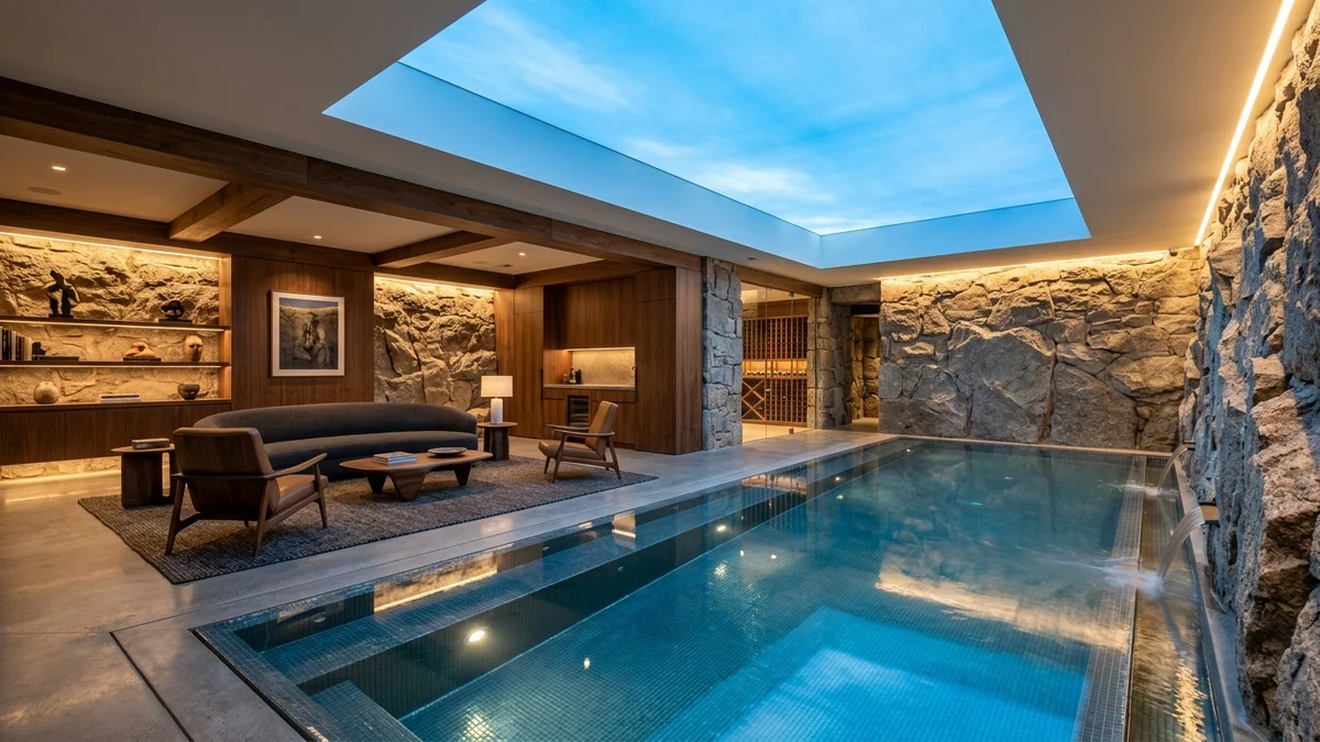 Luxury underground lounge with circadian artificial skylight, private heated pool, and warm walnut paneling