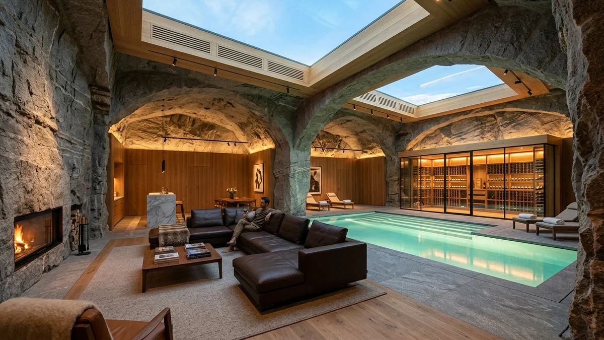 Ultra-luxury underground bunker in the Swiss Alps with heated pool, granite fireplace, artificial sunlight ceiling and glass wine cellar
