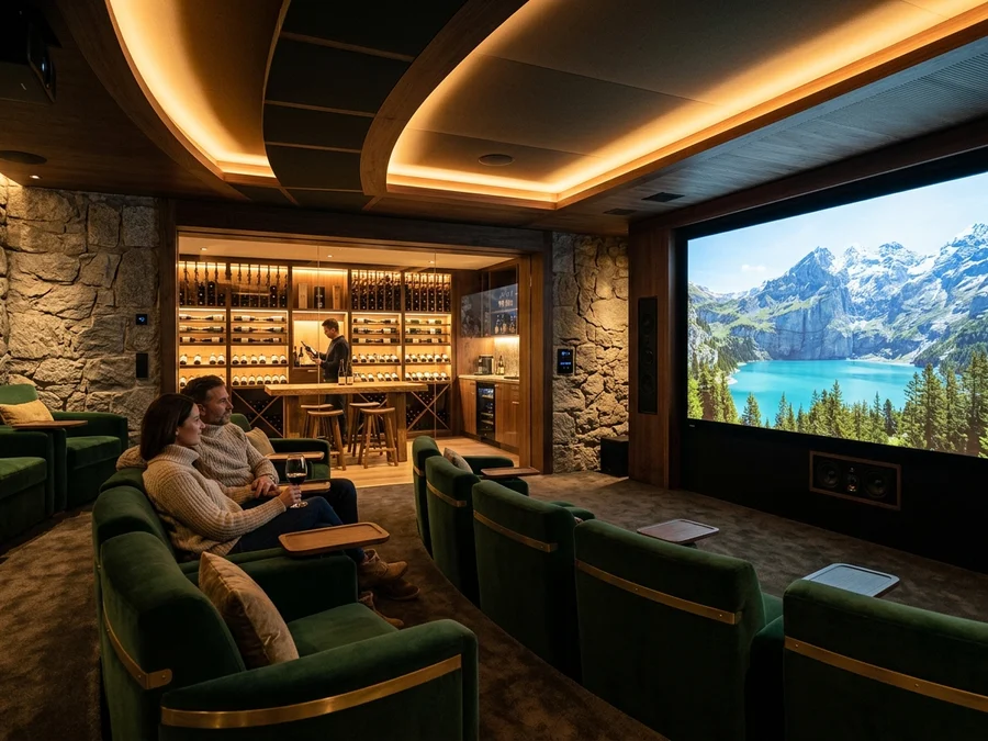 Underground home cinema with plush green velvet seating, illuminated wine cellar, and stone walls