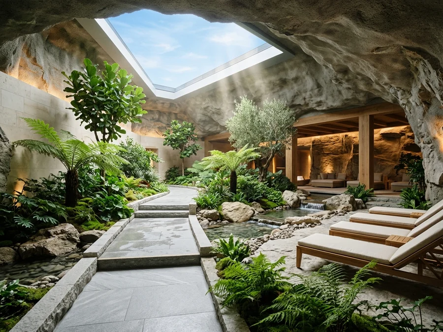 Subterranean atrium garden with real trees, ferns, waterfalls, and artificial sunlight ceiling panels