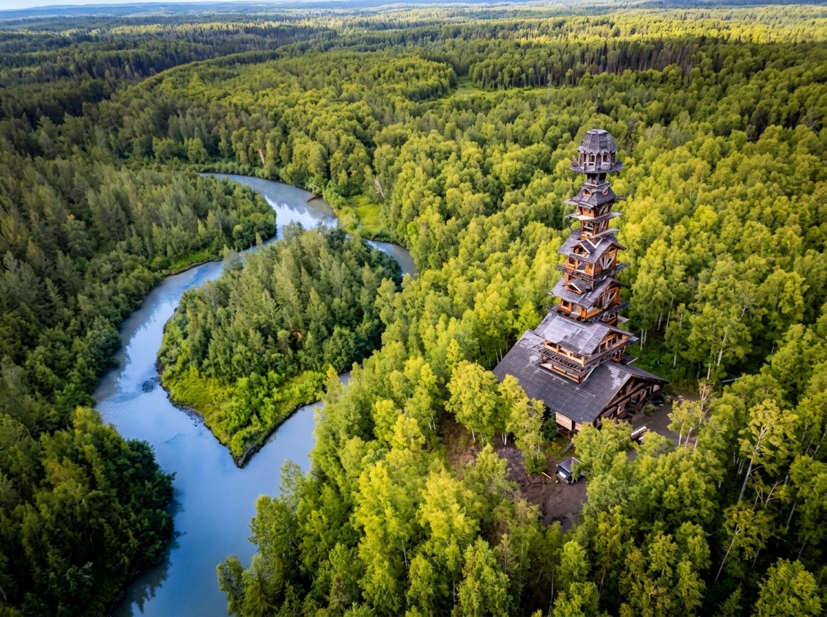 Vista aérea de la torre de 15 pisos de madera Goose Creek Tower elevándose sobre el bosque de Alaska