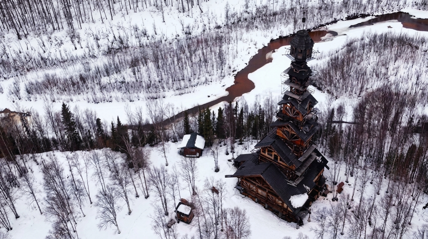 Goose Creek Tower cubierta de nieve durante el invierno de Alaska con río serpenteante