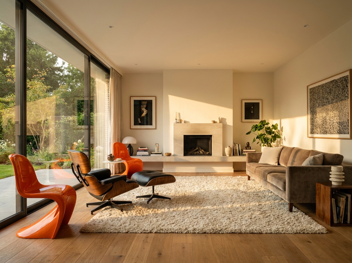 Contemporary living room featuring Panton and Eames Lounge chairs