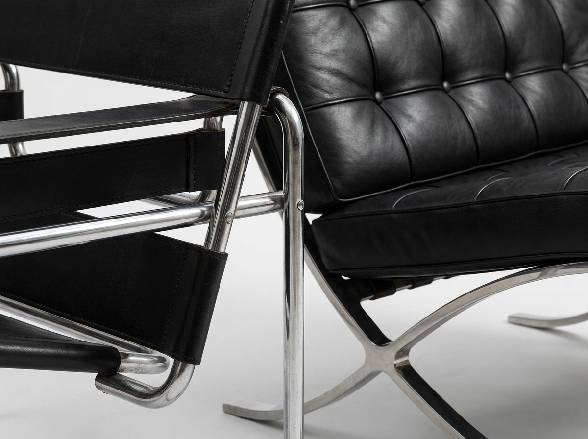 Construction detail of Wassily tubular steel chair and Barcelona chair tufted leather