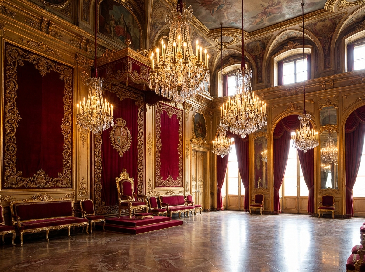 Palatial throne room with walls lined in deep scarlet carmine velvet and classical gilded mouldings