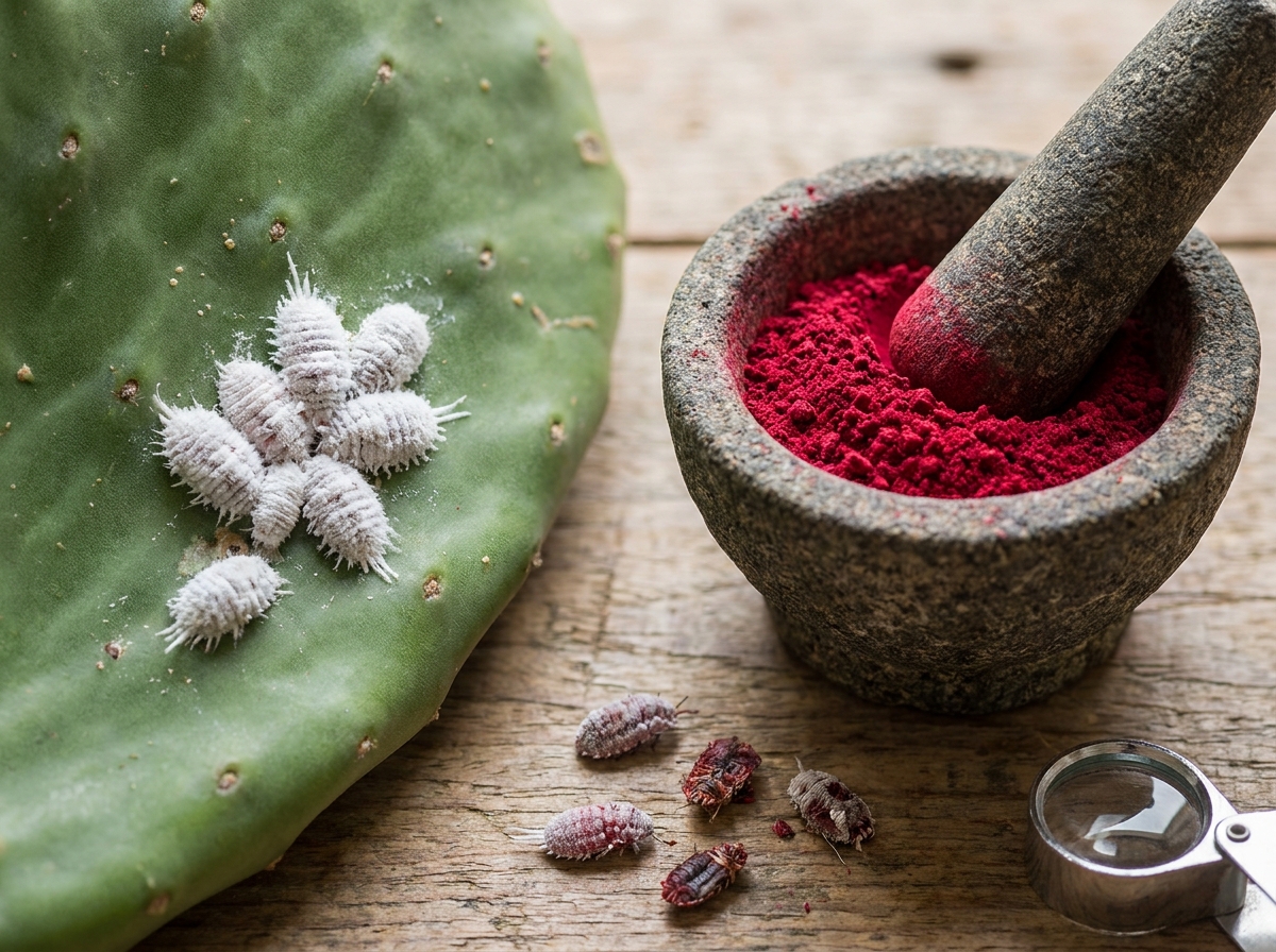 Close-up of cochineal insects on prickly pear nopal cactus pads and traditional extraction of scarlet pigment powder
