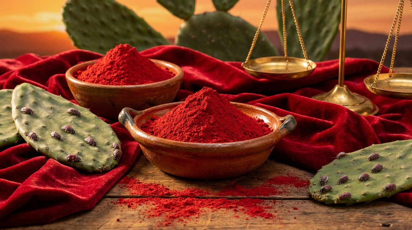 Vibrant cochineal carmine red pigment powder alongside prickly pear cacti and classic luxury fabrics