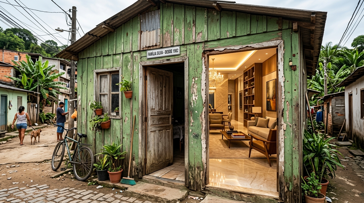 Weathered moss green wooden facade hiding luxurious modern mansion interior