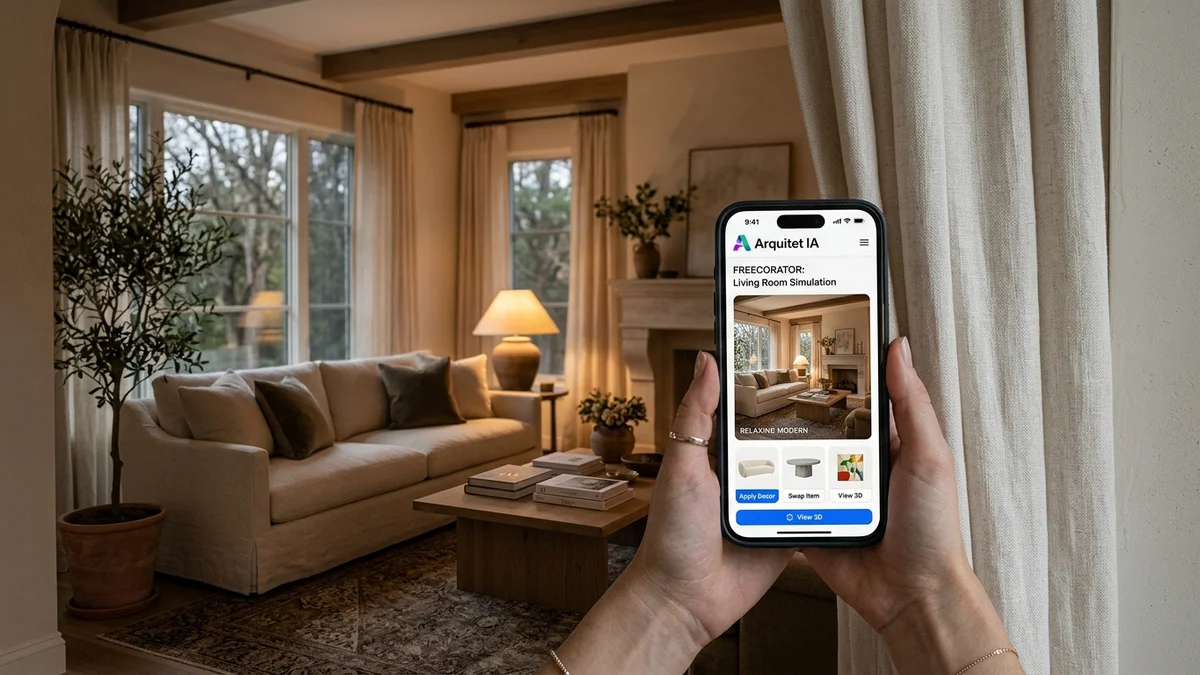 Hand holding smartphone displaying home and interior decor simulation on Arquitet IA app in cozy living room