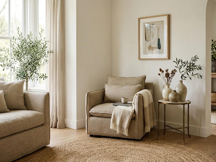 Cozy living room seating nook with beige linen armchair, round sisal area rug, and ceramic vases on accent table