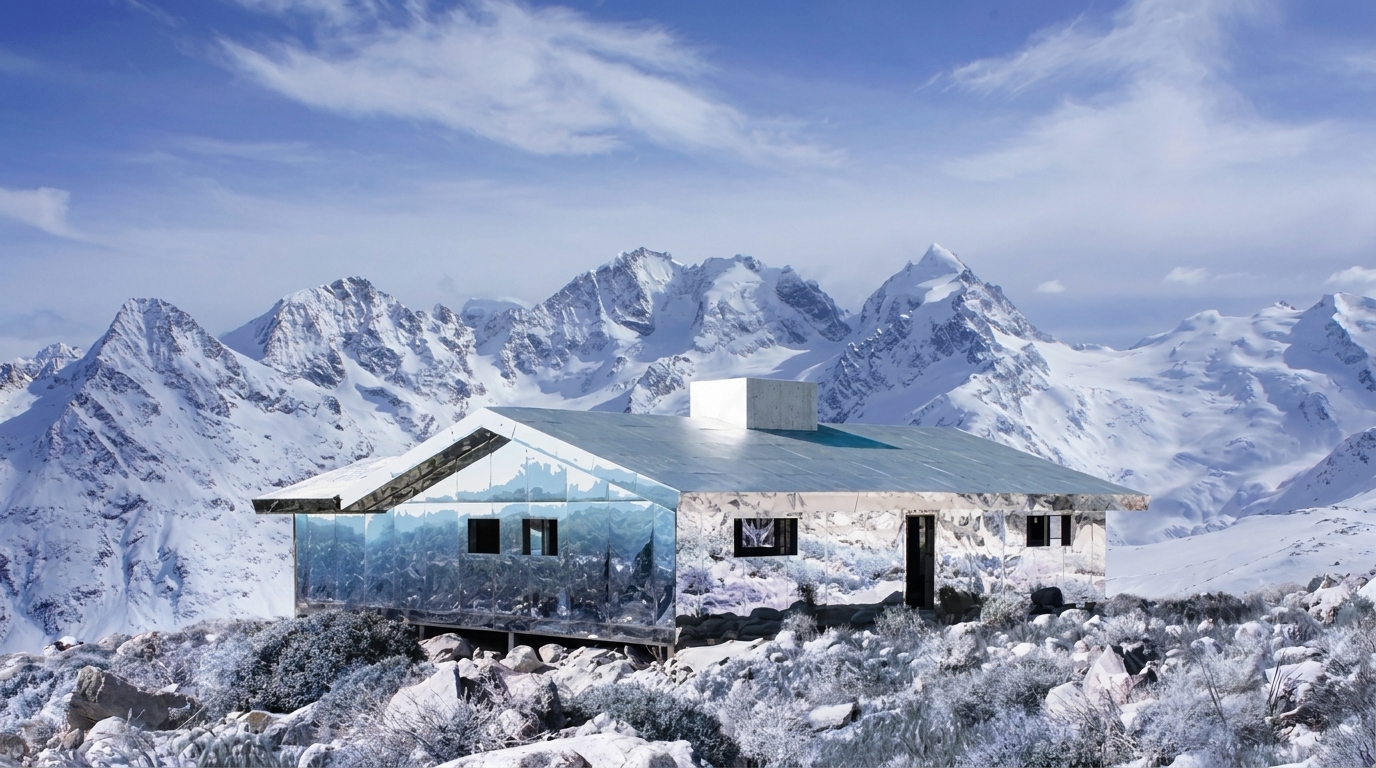 Mirage Gstaad installed in the snow-covered Swiss Alps reflecting glacial peaks and winter sky