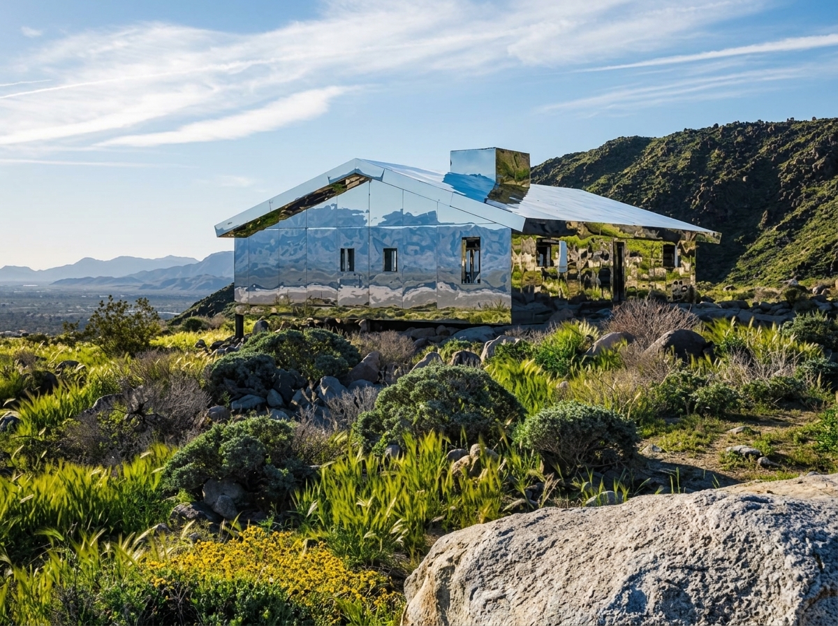 Doug Aitken's Mirage mirrored house reflecting the sky and desert mountains in Palm Springs