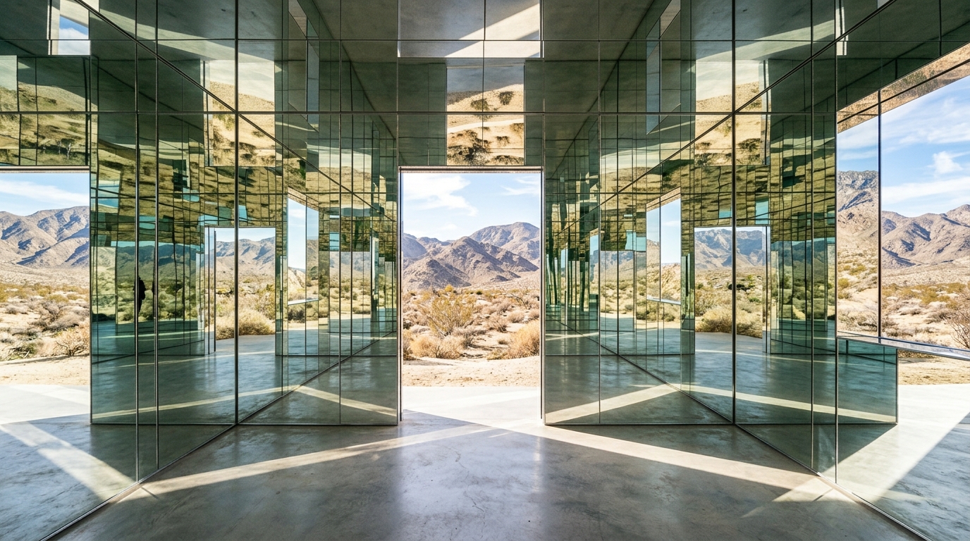 Kaleidoscopic interior of Mirage by Doug Aitken with mirrored walls reflecting desert terrain in infinite regression